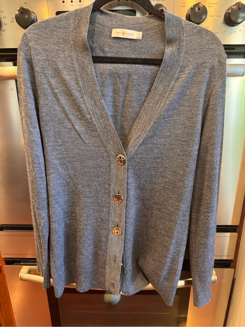 Tory Burch Heather Gray V-Neck Merino Wool Cardigan with Gold Buttons